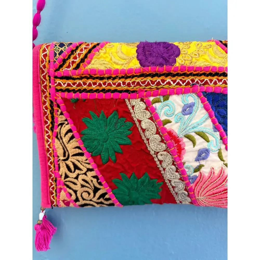 Rajasthani Banjara Patchwork Crossbody Clutch Bag Hot Pink Tassels Mirror Boho